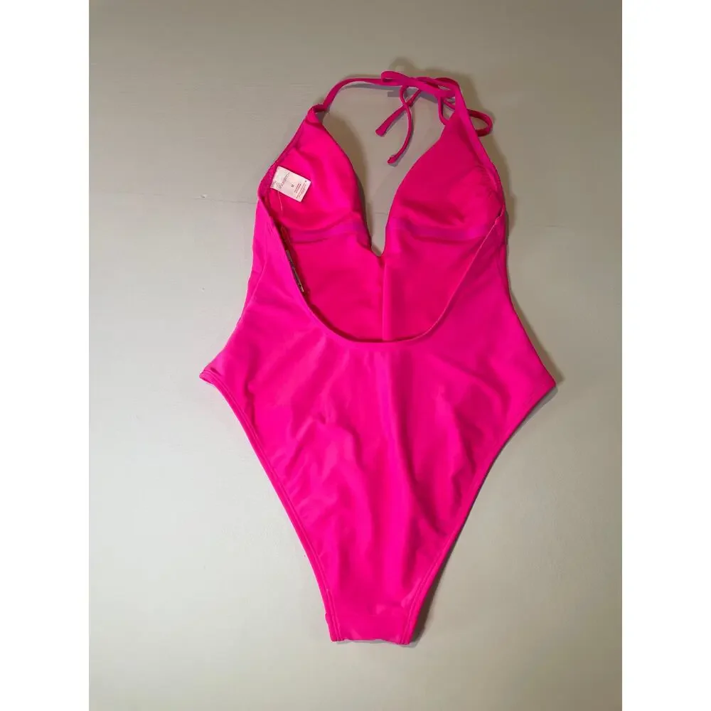 Pink Deep V‑Neck One‑Piece Swimsuit Open Back Size M NWT